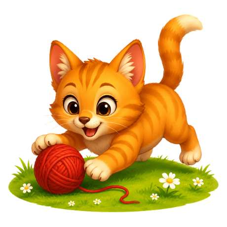 هِرَّةٌ بُرتُقالِيَّةٌ تَلعَبُ بِكُرَةِ صوف